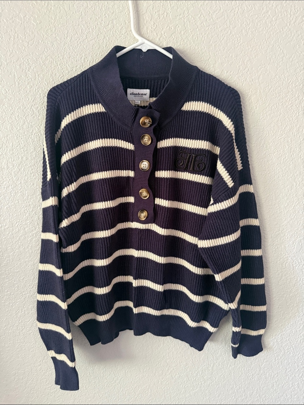 Striped Navy & Cream Button-Front Cowl Sweater